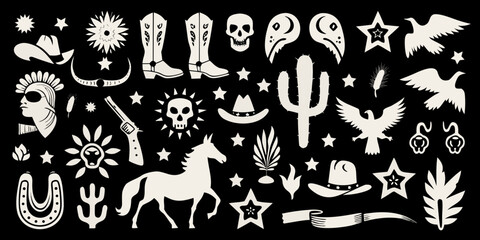 Obraz premium A collection of western themed illustrations cowboy boots skulls and desert elements