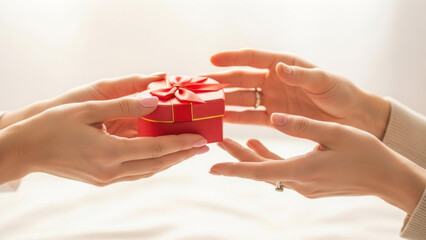 Two hands exchanging a small decorated gift box in a close-up shot.