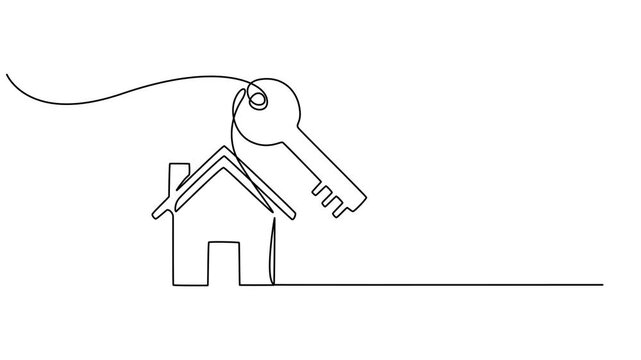 Key with house continuous one line art drawing animation. Private security symbol animated video, Animated self drawing of single continuous line draw elegant key house logo design, Full length one