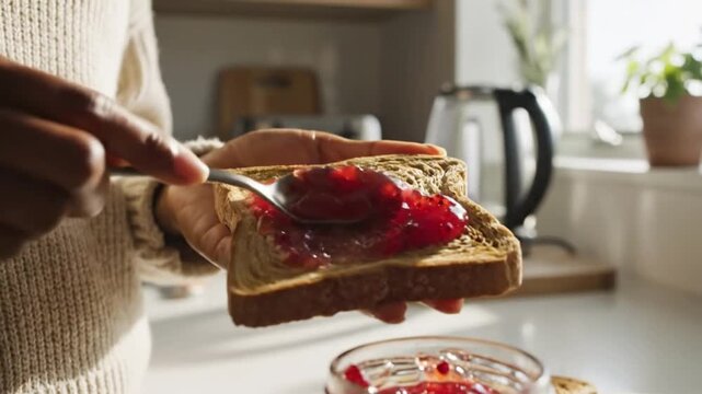 Spreading vibrant red fruit jam on toasted whole wheat bread in a cozy kitchen setting