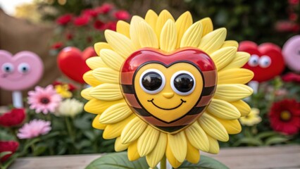Valentine&rsquo;s Day 2026 Bright sunflower with a heart-shaped face surrounded by colorful, playful decorations.