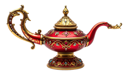 A regal, ornate magic lamp, shimmering red and gold, intricately detailed with jewels