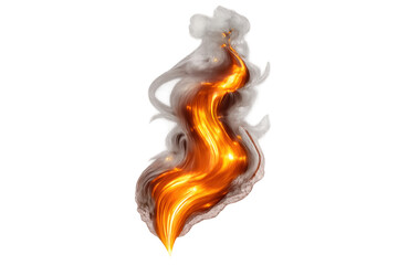 Abstract fiery orange and yellow flames with swirling smoke creating a fluid motion, isolated on a transparent background