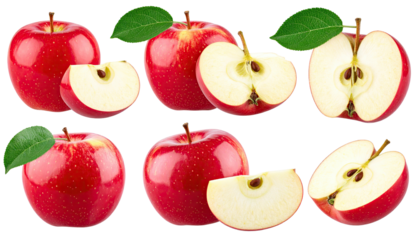 A set of six red apples, whole, sliced, and with leaves, against a stark black background
