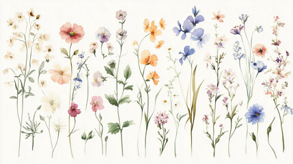 Watercolor illustration of assorted wildflowers arranged in vertical lines for nature and floral themes with copy space