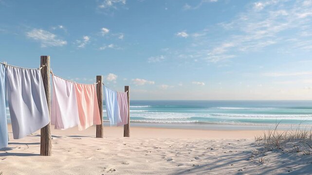 Fresh laundry hanging on clothesline on sandy beach with ocean waves and blue sky. Summer vacation and clean linen concept, seaside lifestyle, minimal coastal background