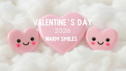 Valentine&rsquo;s Day 2026 Three cute pink heart-shaped items with smiles, themed for Valentine's Day 2026.