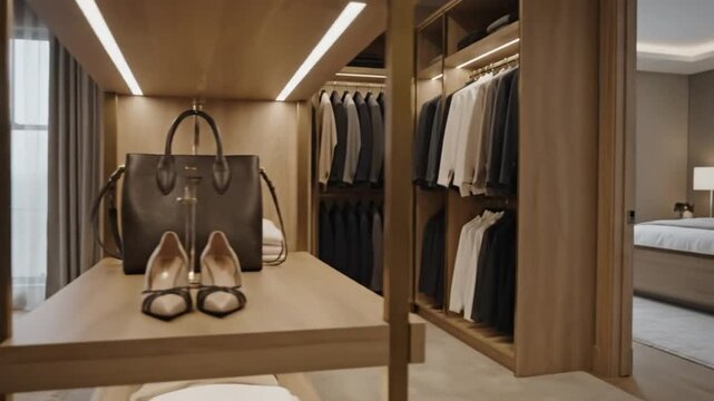 Luxurious Walk In Closet with Contemporary Design, Displaying Stylish Clothes, Shoes, and Handbag