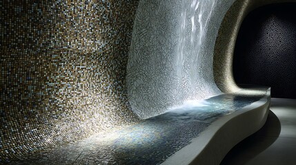 Luxurious metallic surface with unique design and reflective lighting effects creating a sense of...