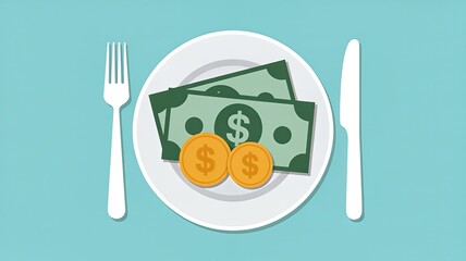 Money on a plate with fork and knife, symbolizing expensive dining