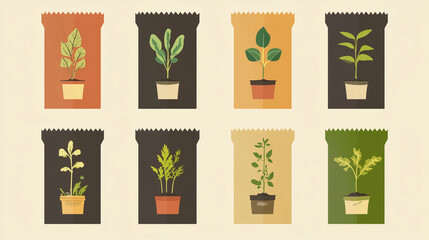 Illustration of assorted potted plants in a grid layout for gardening and plant care themes with copy space