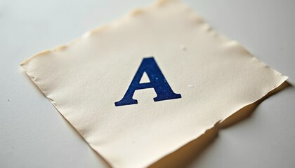 A close-up of a textured piece of paper with a bold blue letter 'A' printed on it. The paper has a slightly torn edge, adding a rustic feel.
