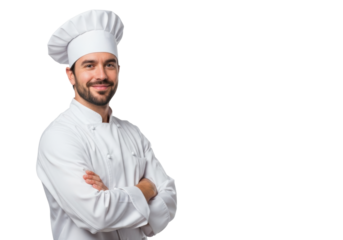 Confident caucasian chef in white jacket, toque, trimmed beard, arms crossed, friendly, looking at camera on white background, copy space. Culinary branding