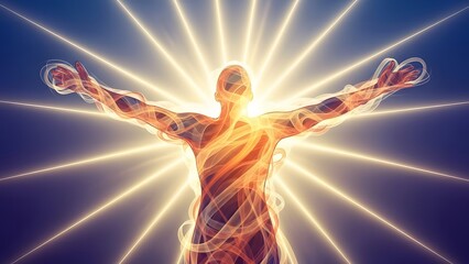 Radiant figure with outstretched arms emitting divine light