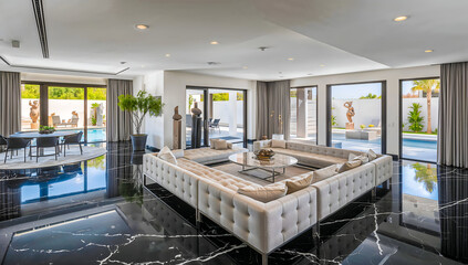 Luxurious modern living room with sectional sofa and pool view, AI generated image