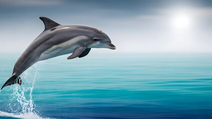 Fototapeta premium Dolphin jumping out of the ocean with sunlight shining through