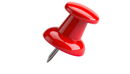 A shiny red push pin with a metallic needle, isolated against a solid black background