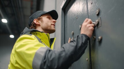 Medium shot of a worker fitting a robust steel fire door into a commercial building entrance ensuring enhanced fire resistance and safety compliance