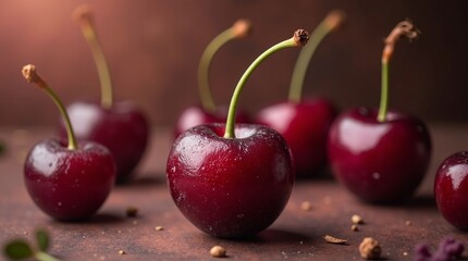 Ripe cherries with stems on textured surface fruit