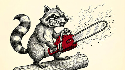 Ferocious cartoon raccoon with an aggressive expression gripping a bright red running chainsaw while standing atop a weathered log illustration.