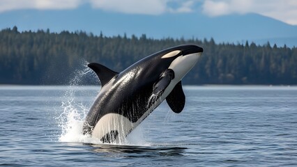 Orca whale jumping out of the water in a natural aquatic environment