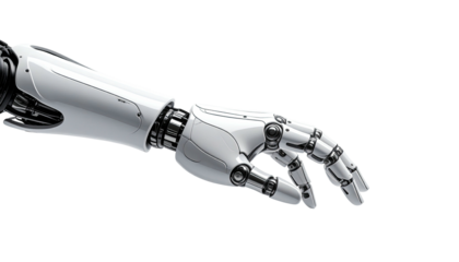 A robotic arm, white with metallic joints, extending with fingers slightly curved