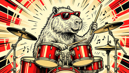Cool capybara wearing bright red sunglasses energetically plays a vibrant red drum set with dynamic musical energy and visual flair