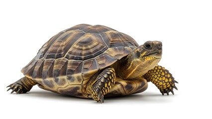 Fototapeta premium A box turtle with a brown and yellow shell on a white background