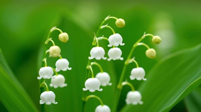 Close-up of white lily of the valley flowers with green leaves and buds in a shallow depth of field, conveying a fresh and natural mood.