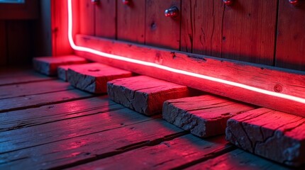 Rough wood planks with glowing red neon light texture