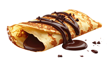 A rolled-up pancake oozing with glossy chocolate sauce, isolated against a solid black background