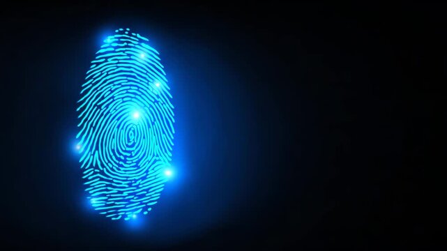 A striking digital fingerprint illuminated against a dark backdrop, symbolizing security and technology. The fingerprint glows with digital lights.