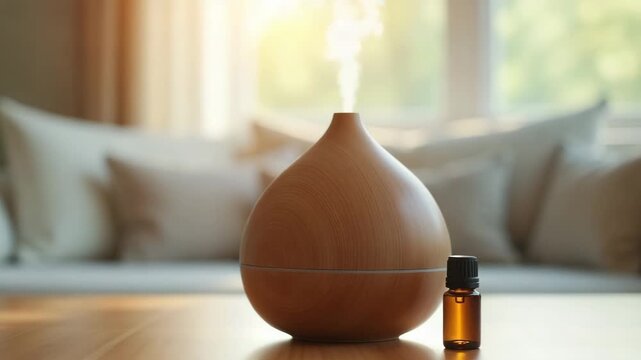 Wooden aroma diffuser in modern minimal style in warm natural colors representing home aromatherapy and relaxation