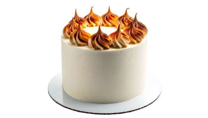 A round, frosted cake with caramelized meringue swirls on top, isolated on a white surface