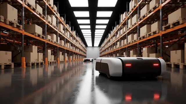 Automated robots navigating a warehouse filled with stacked boxes.
