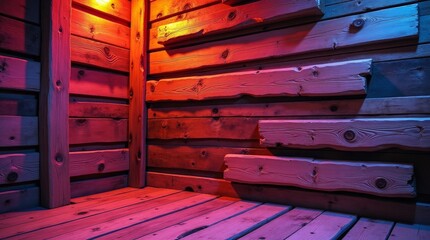 Rustic wooden interior illuminated by vibrant lights