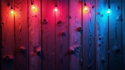 Rustic wood wall illuminated by colorful string lights