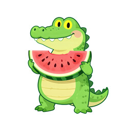 Fototapeta premium Cute green crocodile holding a watermelon slice