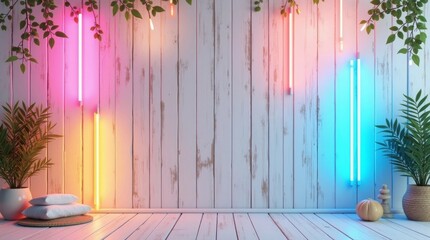 Vibrant neon lights on weathered wood wall pink yellow