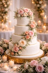 A luxurious multi-tier wedding cake decorated with flowers and candles, perfect for romantic celebrations.
Category: Food & Drink