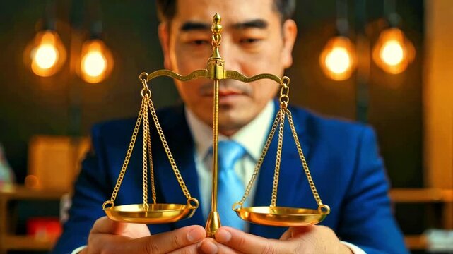 Focused attorney carefully holds the golden scales of justice symbolizing fairness, balance, and legal righteousness during a serious deliberation or courtroom preparation.