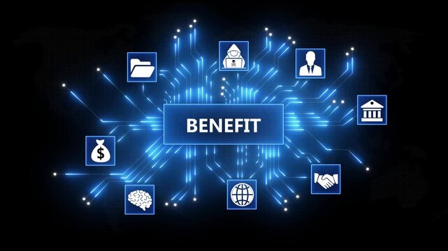 Digital benefit network connecting global data analysis security mobile transactions and people with glowing circuits on a dark world map background abstract technology concep