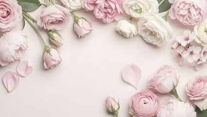 Elegant collection of floral borders and arrangements featuring pastel roses, peonies, and hydrangeas. Soft aesthetic with clean white space for romantic greetings and wedding invitations
