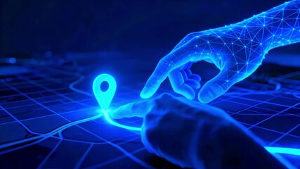 Glowing digital hand interacts with a bright blue map interface, selecting a precise location pin to plot a futuristic navigation route or destination marker. - Powered by Adobe
