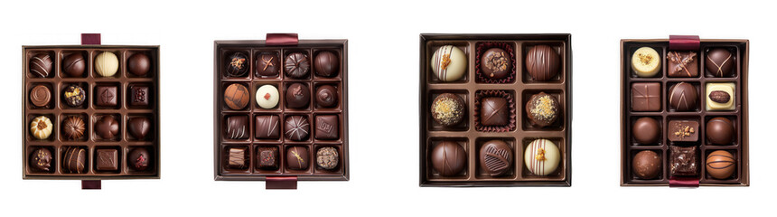 Four rectangular chocolate boxes filled with various assorted chocolates are displayed ideal for design projects on transparent background