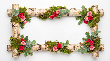 Natural birchwood frame adorned with green moss, eucalyptus, and red and pink roses, perfect for seasonal or romantic displays.