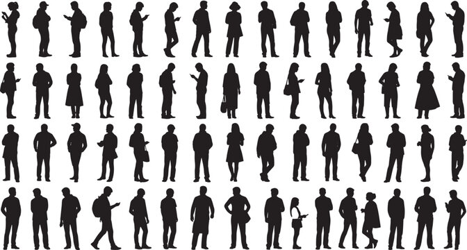A large collection of diverse people silhouettes in various postures. Depicting a multitude of different activities and moods of people.