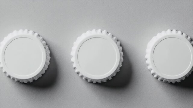 Three white bottle caps in a row, centered against a gray textured background, with soft lighting and shadows, minimalist composition