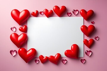 White empty square paper frame surrounded by glossy red hearts on pink background for love message concept