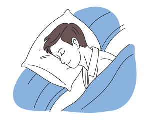 Man sleeping peacefully on a pillow. Young man sleeping in bed. Line art illustration.